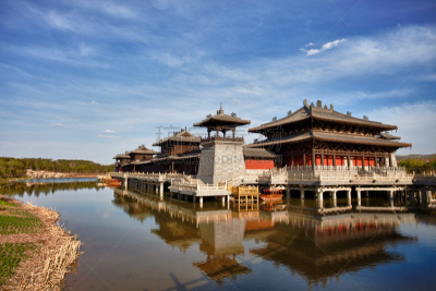 大同,山西省,中国,寺庙,水,水平画幅,建筑,乡村,古老的,高动态范围成像