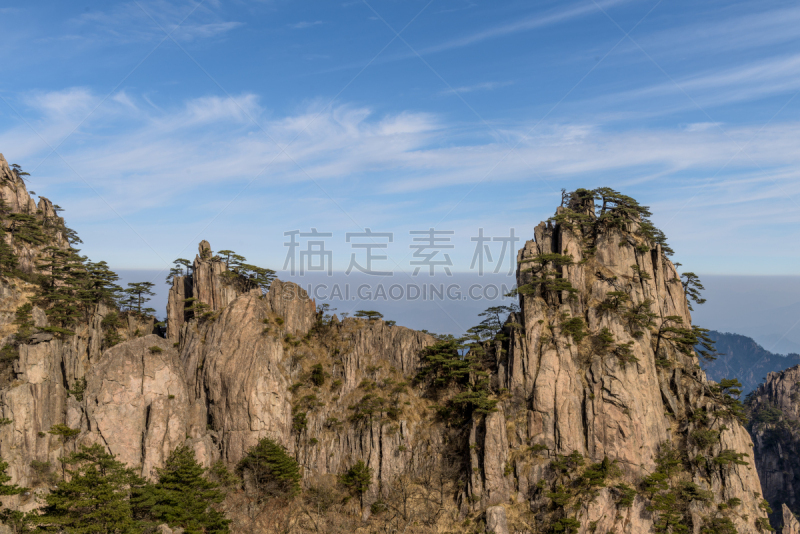 黄山山脉,安徽省,松树,中国,地形,世界遗产,桨叉架船,一只动物,旅游