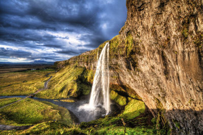 塞里雅兰瀑布,seljalandsfoss waterfall,水,天空,水平画幅,瀑布,苔藓,湿,夏天,户外