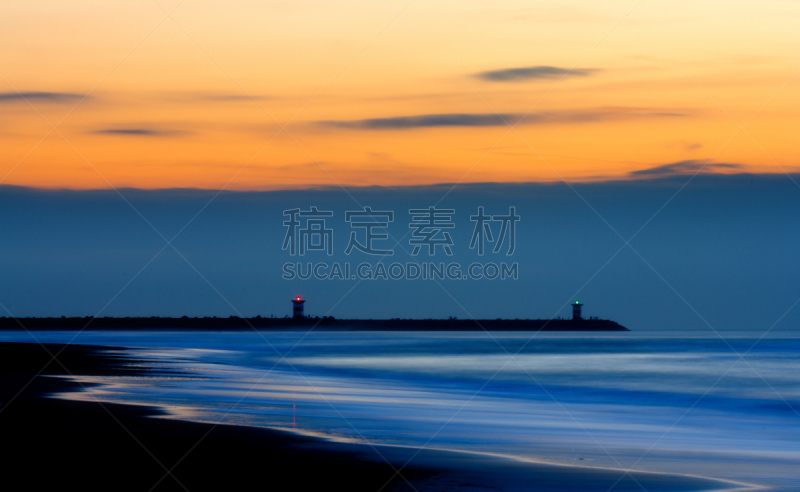 斯海弗宁恩,长时间曝光,海滩,水平画幅,无人,建筑外部,户外,灯塔楼,海洋,日落