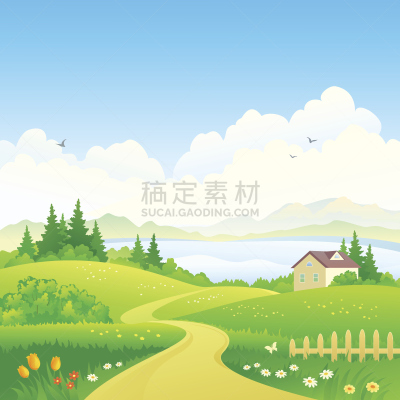单车道,绘画插图,天空,公园,山,无人,夏天,计算机制图,计算机图形学,户外
