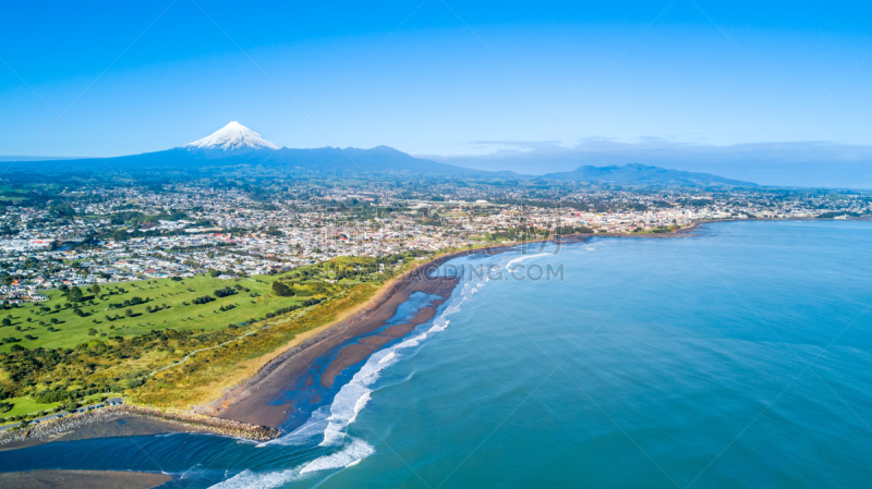 新普利茅斯,河流,新西兰,塔拉纳基大区,塔拉纳基山,小的,背景,海岸线,航拍视角,水