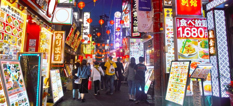 夜晚,中华街,旅游目的地,水平画幅,全景,日本,人,群众,旅行者,户外