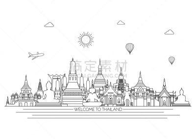 泰国,矢量,背景,绘画插图,高雅,城市天际线,线条,华丽的,线条画,瑟恩阿巴斯巨