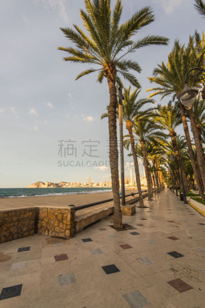 海滩,贝尼东,西班牙,阿利坎特,散步道,晴朗,垂直画幅,水,天空,城镇景观