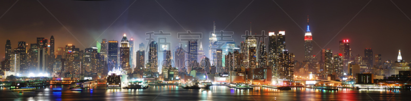 纽约,曼哈顿,水平画幅,夜晚,无人,海港,户外,都市风景,现代,国际著名景点