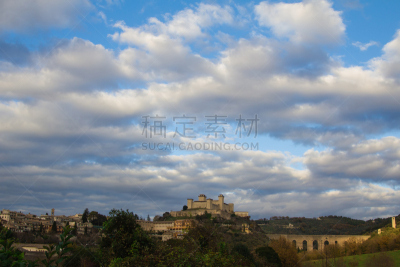 斯波列托,翁布里亚大区,自然,水平画幅,山,建筑,无人,乡村,全景,欧洲