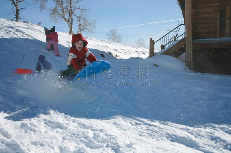 男孩,冬季运动,水平画幅,小木屋,雪,努力,动物身体部位,户外,雪橇滑学