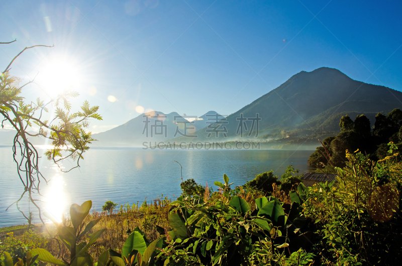 阿蒂特兰湖,危地马拉,地形,火山,巴纳哈契,美洲土著居民,水,天空,水平画幅,火山地形