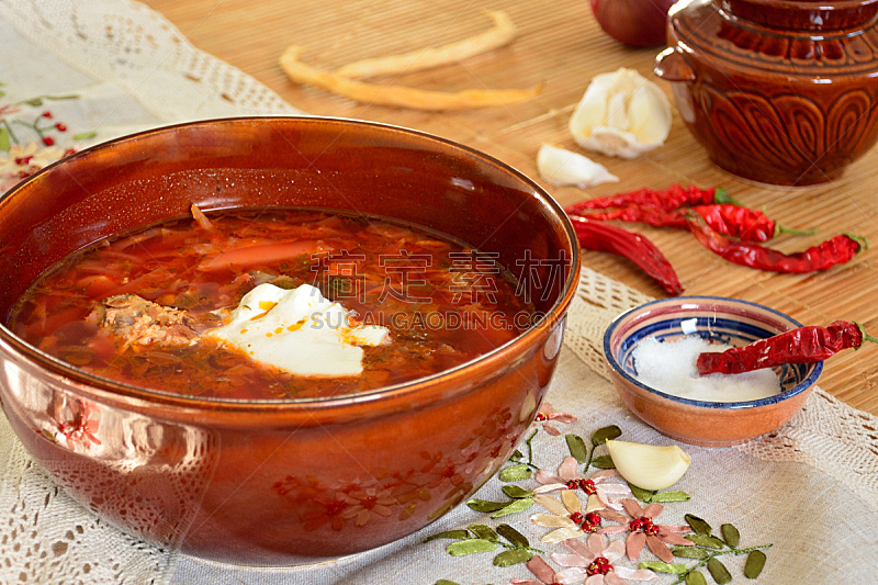 罗宋汤,盘子,乌克兰,传统,盐瓶,酸奶油,褐色,水平画幅,椒类食物,锅