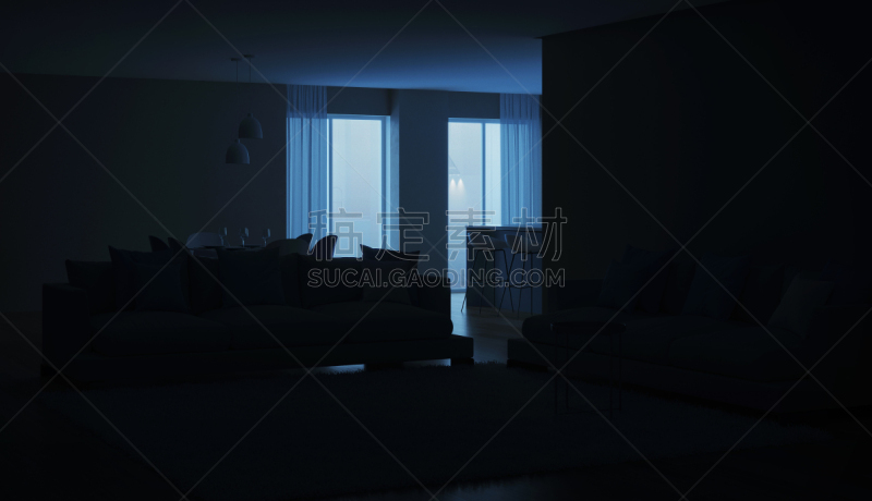 现代,三维图形,厨房,房屋,室内,蓝色,夜晚,抽油烟机,窗帘,舒服