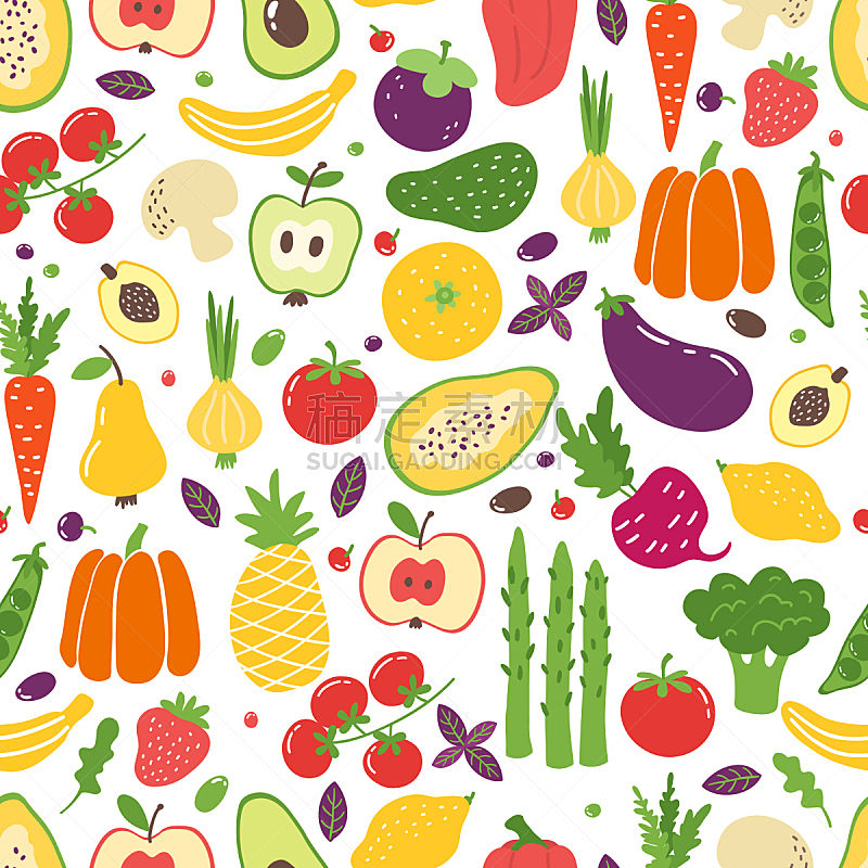 蔬菜,四方连续纹样,水果,乱画,自然,有机食品,平坦的,素食,多色的,矢量