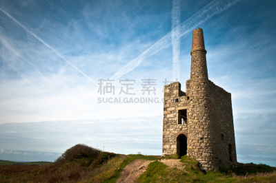 矿井,康沃尔,英格兰,被抛弃的,建筑外部,tin mine,轴座,（飞机的）水汽尾迹,留白,水平画幅