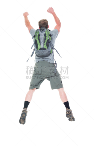 徒步旅行,背面视角,男性,快乐,背景分离,仅男人,25岁到29岁,仅一个男人,探险家,全身像
