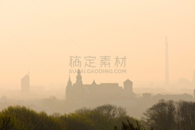瓦维尔主教座堂,克拉科夫,波兰,在上面,山,瓦维尔城堡,维斯瓦河,天空,水平画幅,日出