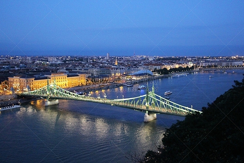 liberty bridge,全景,布达佩斯,水,天空,水平画幅,绿色,建筑,匈牙利,夜晚