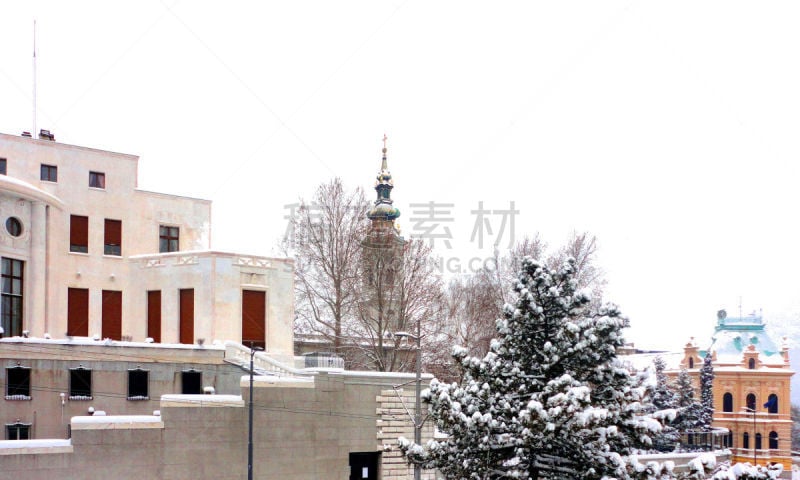 雪,建筑业,贝尔格雷德,新艺术主义,建筑,都市风景,外立面,冬天,塞尔维亚,钟楼