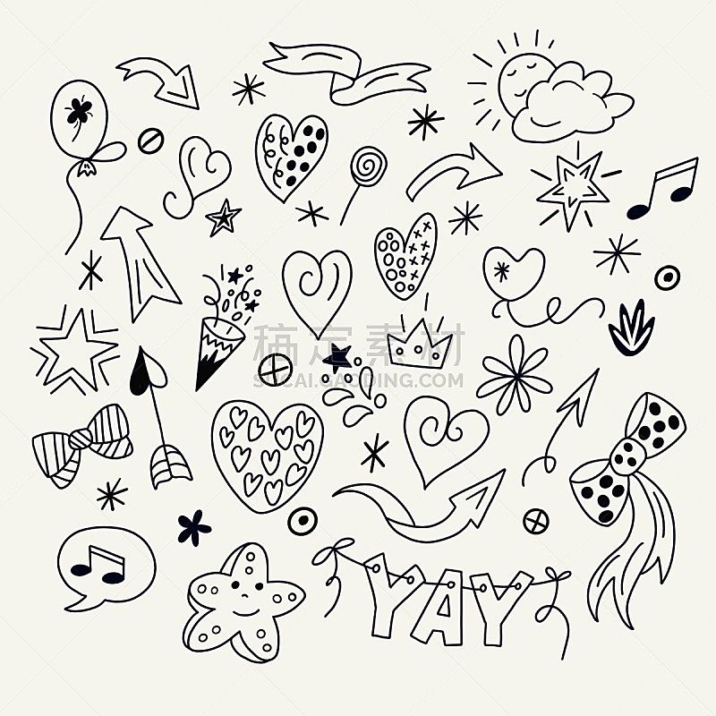 星形,箭头符号,缎带,动物心脏,黑白图片,可爱的,纺织品,四方连续纹样,背景,纹理