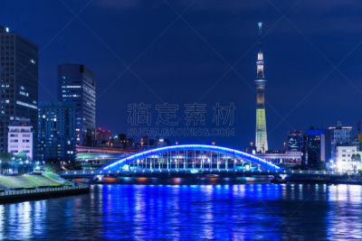 译太电桥,夜晚,东京,天空树,River Sumida,东京天空树,水平画幅,无人,蓝色