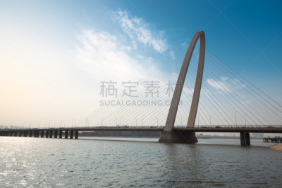 西安,桥,钢缆,天空,水平画幅,建筑,无人,交通,吊桥,拱门