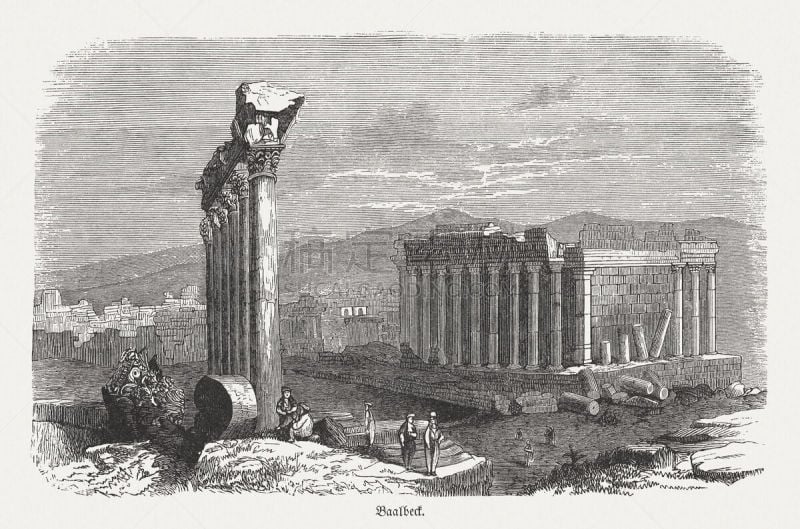 Temple of Bacchus at Baalbek, wood engraving, published in 1886