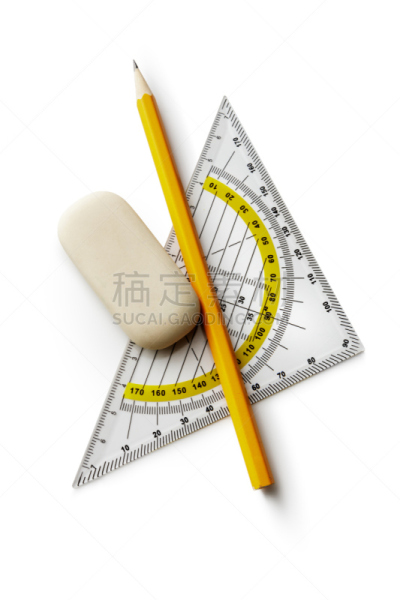办公室,橡皮擦,白色背景,铅笔,三角板,分离着色,垂直画幅,绘画插图,办公用品,高视角