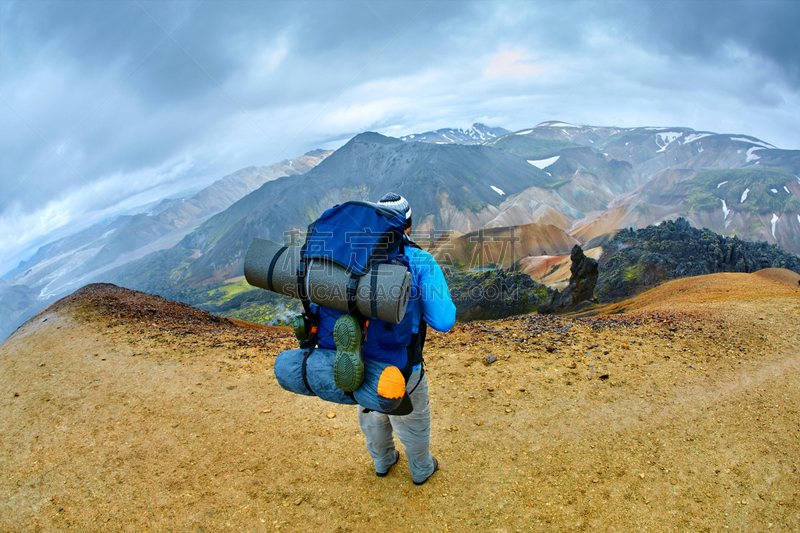 徒步旅行,冰岛,山,自然,水平画幅,蓝色,人,户外,干的,兰德玛纳