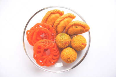 炸糖圈,甜食,选择对焦,礼物,上菜,白色背景,水平画幅,印度小吃拉杜,无人,胡里节