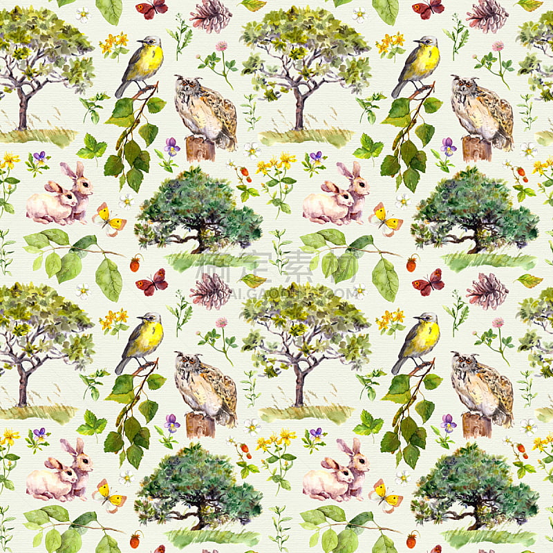 兔子,草,鸟类,四方连续纹样,叶子,森林,水彩画,知更鸟,小兔子,无缝纹理