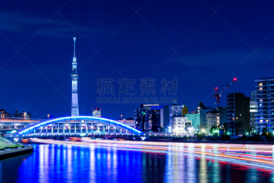 译太电桥,夜晚,东京,天空树,东京天空树,River Sumida,光轨,水平画幅,无人
