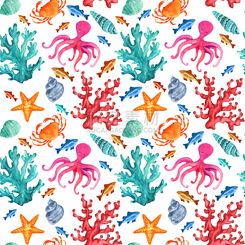海洋生命,水彩画,四方连续纹样,珊瑚,珊瑚色,热带鱼,水彩颜料,热带淡水鱼,墨鱼,触须