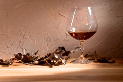 白兰地,干的,橡树叶,白兰地酒杯,水平画幅,琥珀,古老的,法式食品,含酒精饮料,饮料