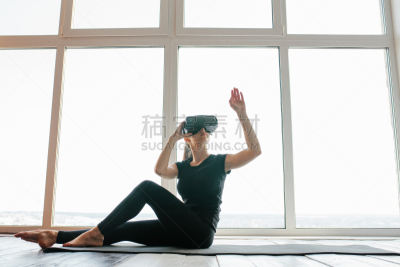 未来,运动,技术,儿童,有氧运动法,女孩,概念,瑜伽,一个人,虚拟现实