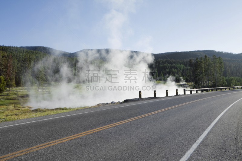 路边,下喷泉盆地,西黄石公园,间歇泉,公园,美国西部,水平画幅,无人,怀俄明,火山地形