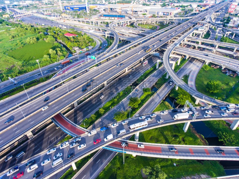 在上面,都市风景,圆形,公路,泰国,航拍视角,曼谷,多车道公路,从在汽车上的角度拍摄,航空器拍摄视角