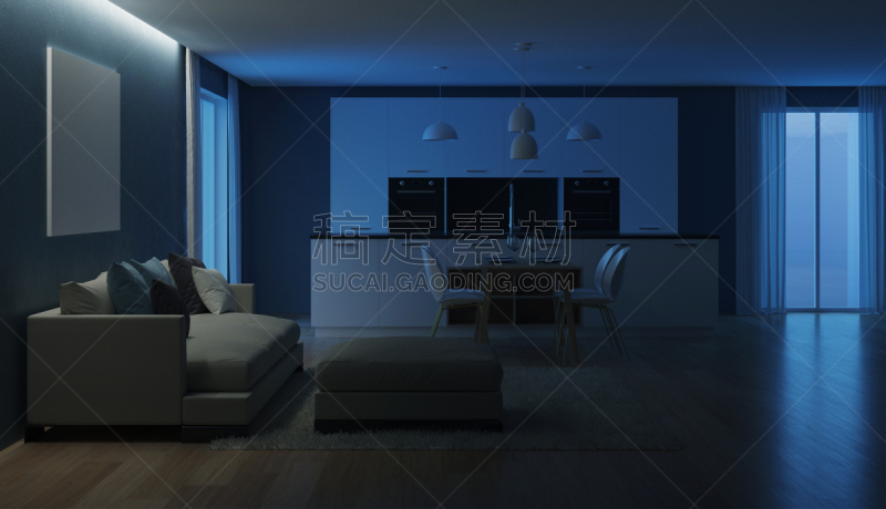 现代,三维图形,房屋,室内,夜晚,抽油烟机,窗帘,舒服,地板,炊具