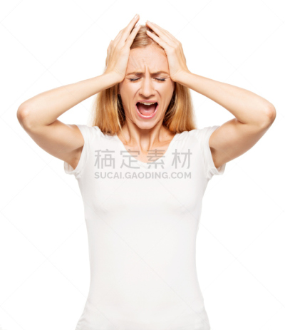 女人,白色背景,歇斯底里,垂直画幅,四肢,t恤,人的嘴,仅成年人,头发,青年人