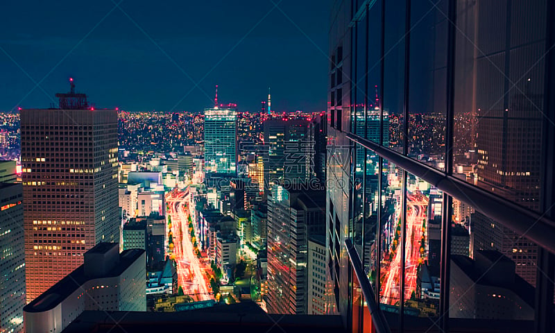 都市风景,东京,日本,航拍视角,室内过夜,新宿区,未来,水平画幅,高视角,夜晚