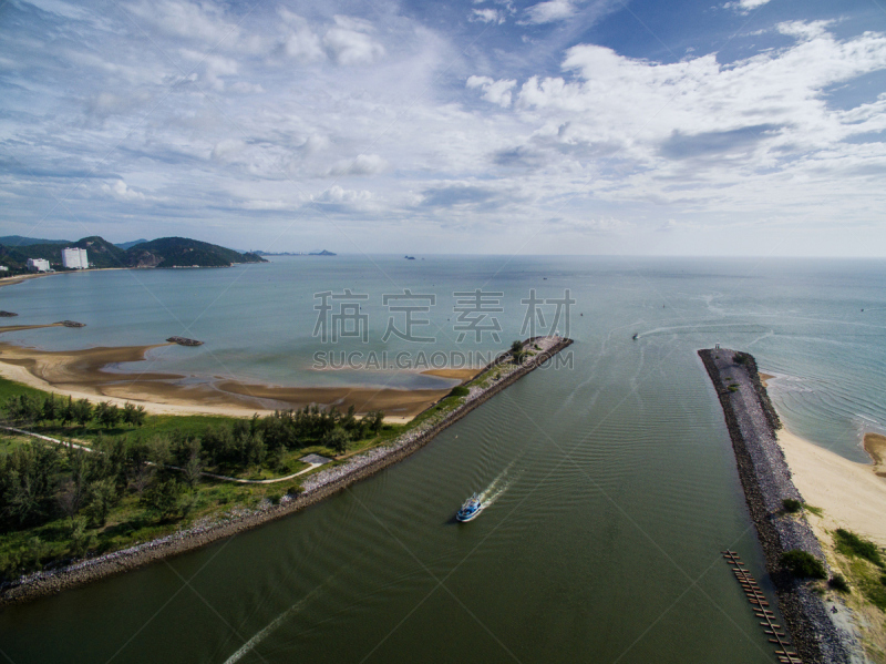 海滩,河口,航拍视角,破浪堤,水,天空,暴风雨,海岸地形,灯塔楼,石材