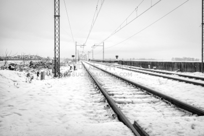 雪,冬天,非都市风光,地形,黑白图片,天空,水平画幅,无人,泥土,铁轨轨道