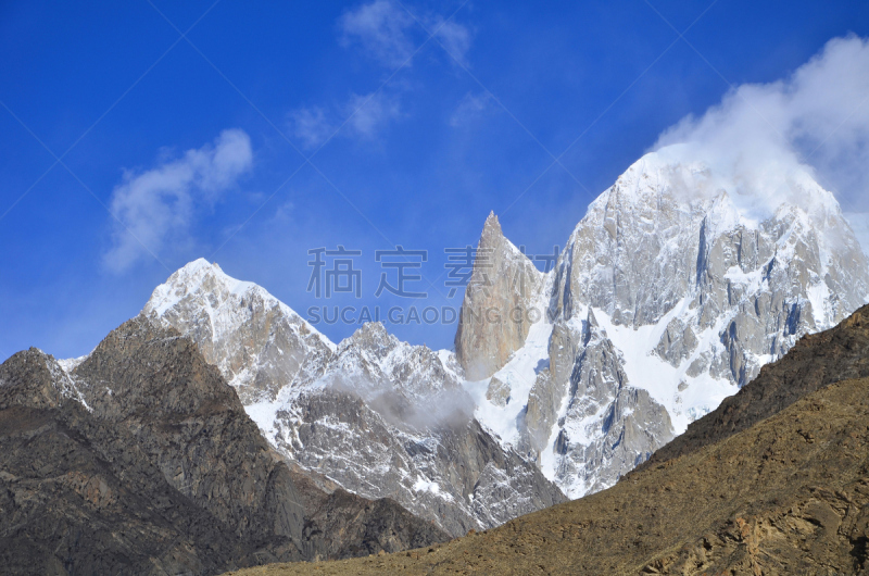 喀喇昆仑山,巴基斯坦北部,褐色,水平画幅,秋天,雪,无人,蓝色,公路,户外