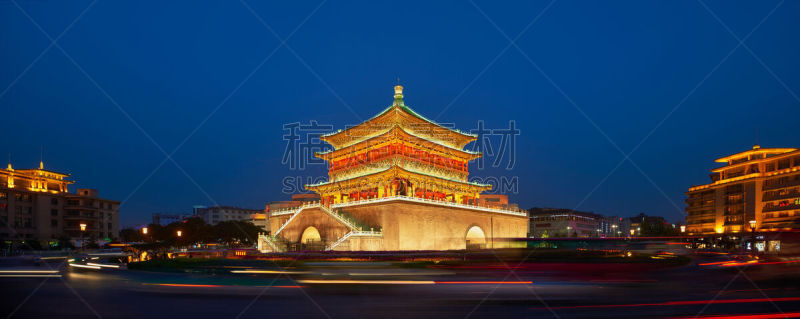 钟楼,西安,明朝风格,天空,水平画幅,夜晚,无人,巨大的,户外,著名景点