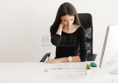 痛苦,疲劳的,女商人,颈,拿着,办公椅,商务,脖子,椅子,女人