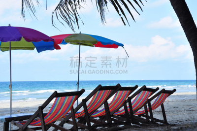 海滩,泰国,椅子,海滩遮阳伞,罗勇,水平画幅,无人,亚洲,2015年,户外
