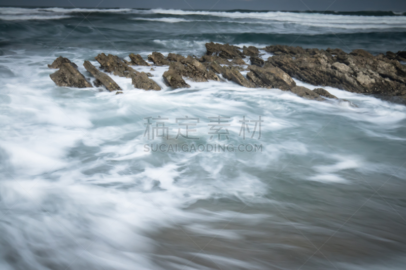 沙子,大西洋,海滩,风景,法国,岩石,巴斯克地区,波浪,海岸线,长时间曝光