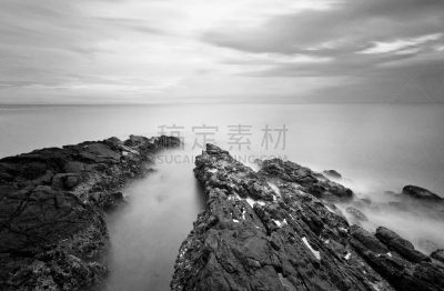 破碎的,圣吉吉海滩,长时间曝光,水平画幅,地形,无人,海景,黑白图片,户外,龙目岛