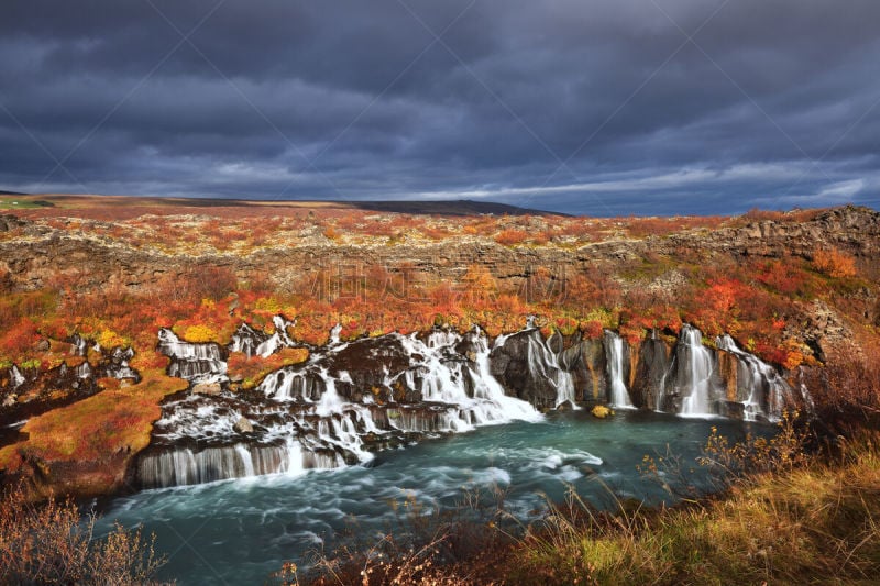 瀑布,hraunfossar,冰岛国,非凡的,西,自然,水平画幅,云,秋天,无人