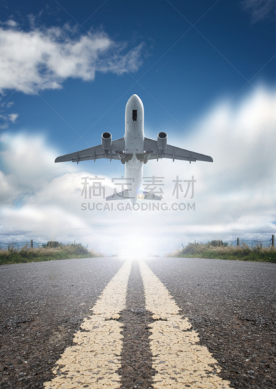 飞机,双黄实线,飞机跑道,垂直画幅,天空,无人,平视角,巨大的,户外,彩色图片