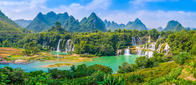 瀑布,轮廓跟踪,米尔大瀑布,福尔斯路,卡斯基德山脉,越南,热带雨林,水下落,栈桥码头,全景