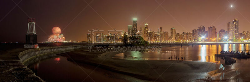 芝加哥市,全景,放焰火,夜晚,自然,水平画幅,无人,城市生活,户外,城市
